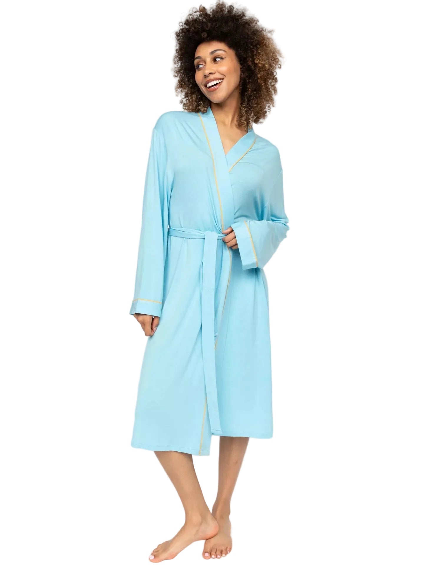 Light blue jersey short dressing gown with long sleeves, self-tie belt, and contrasting yellow piping on collar and cuffs.