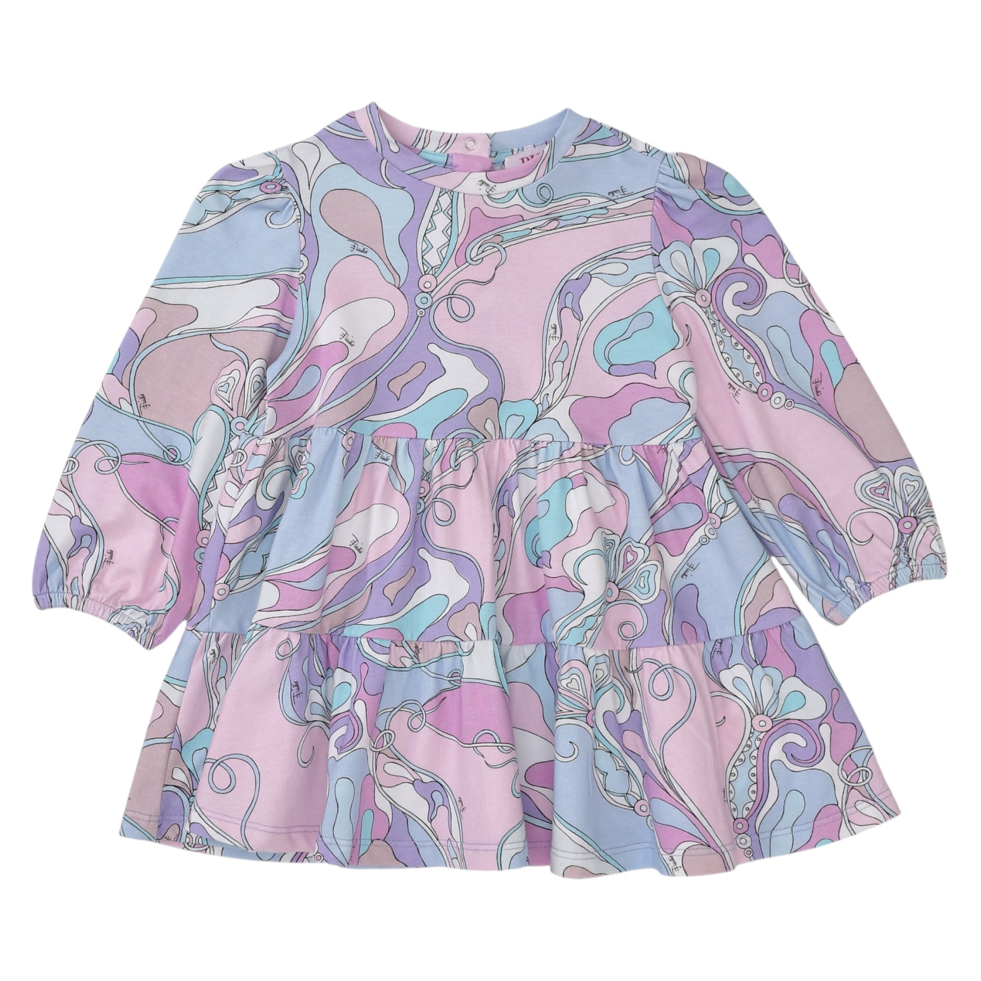Emilio Pucci Kids tiered long sleeve dress in pastel pink, blue, and purple abstract pattern with elasticated cuffs.