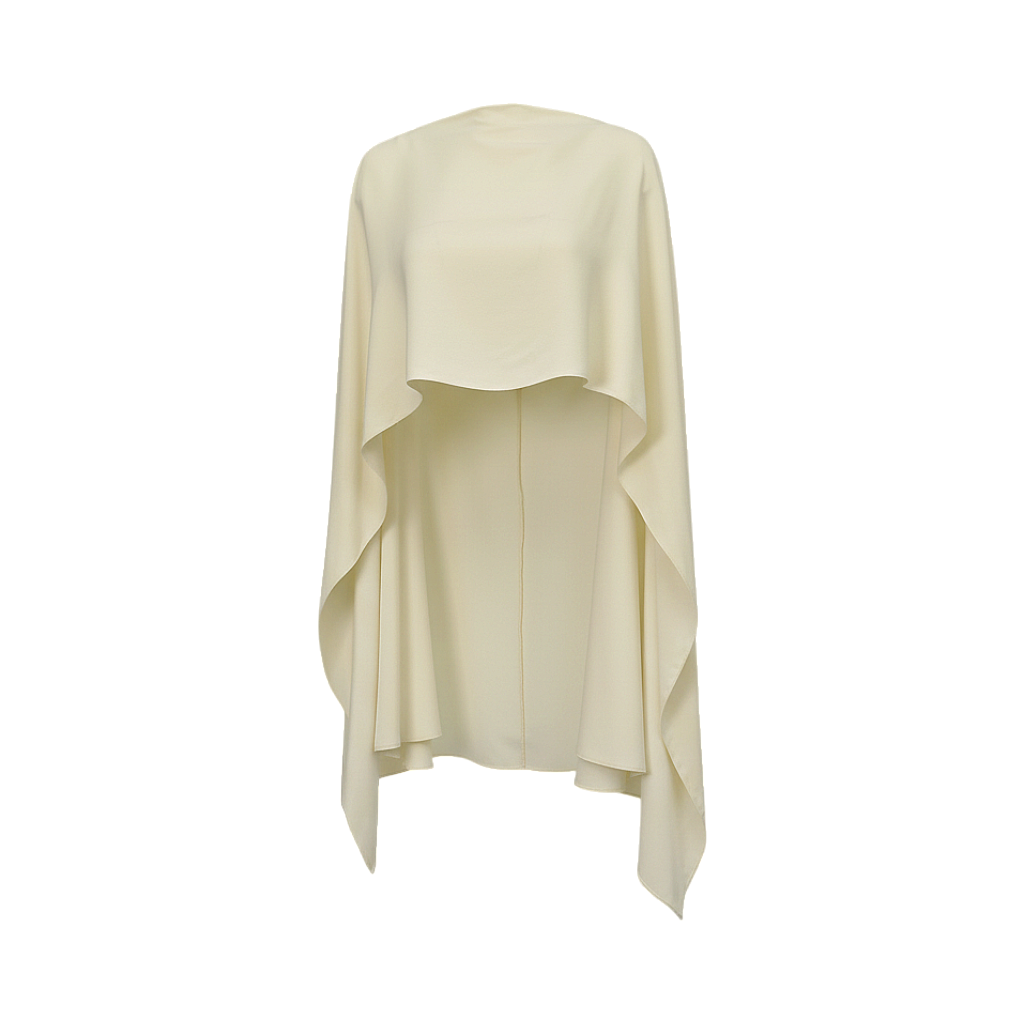 Ivory layered draped scarf with a high neckline and flowing, two-tiered design, showcasing a smooth fabric texture.