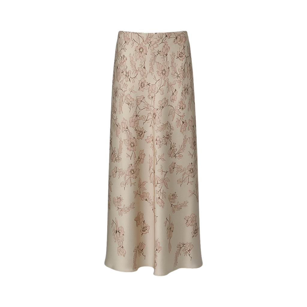 Long beige maxi skirt with a scattered pink floral and leaf fantasy print, featuring a flat waistband.