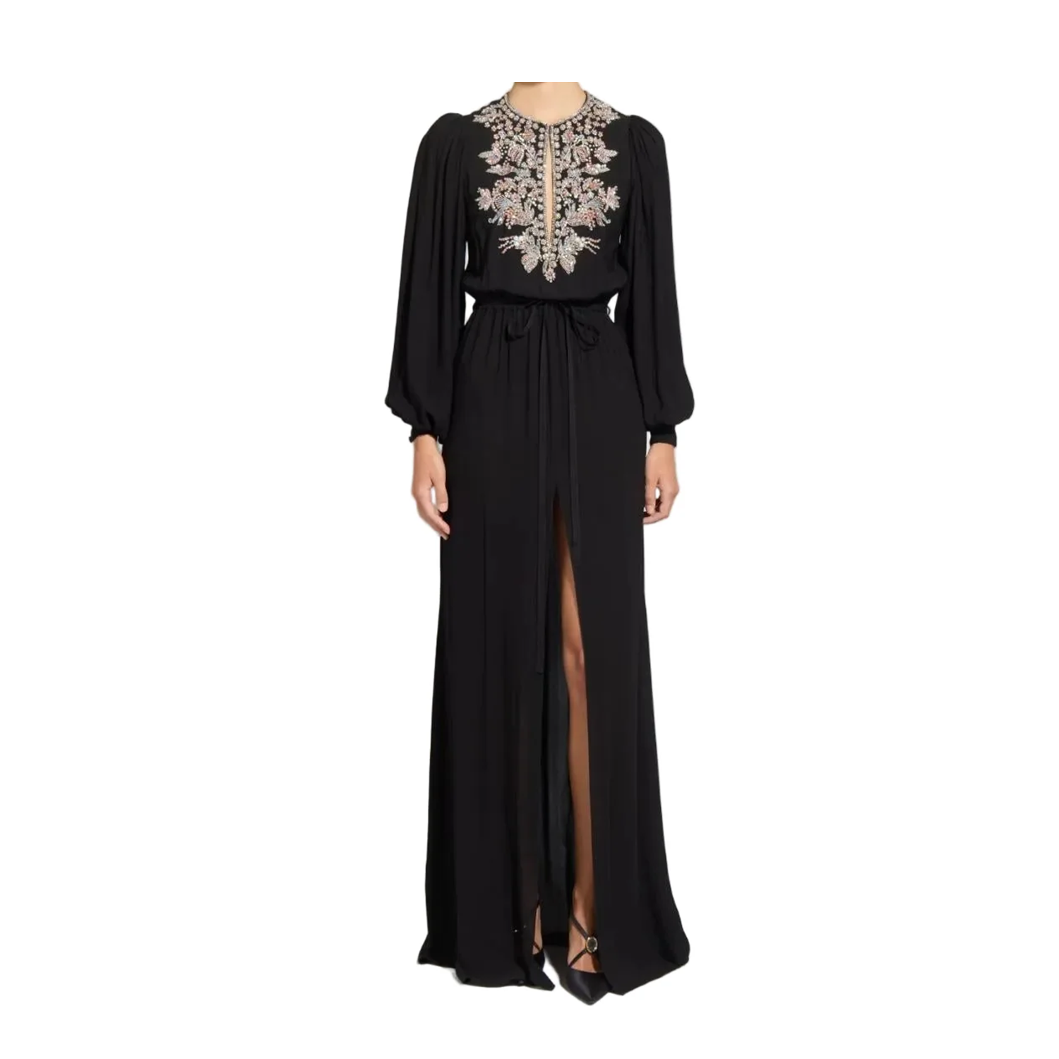 Black evening gown with intricate embroidery on a white background