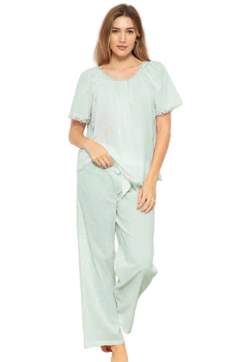 Pale mint green SuperVoile Swiss dot short-sleeved pyjama top with lace trim and matching wide-leg trousers with drawstring w