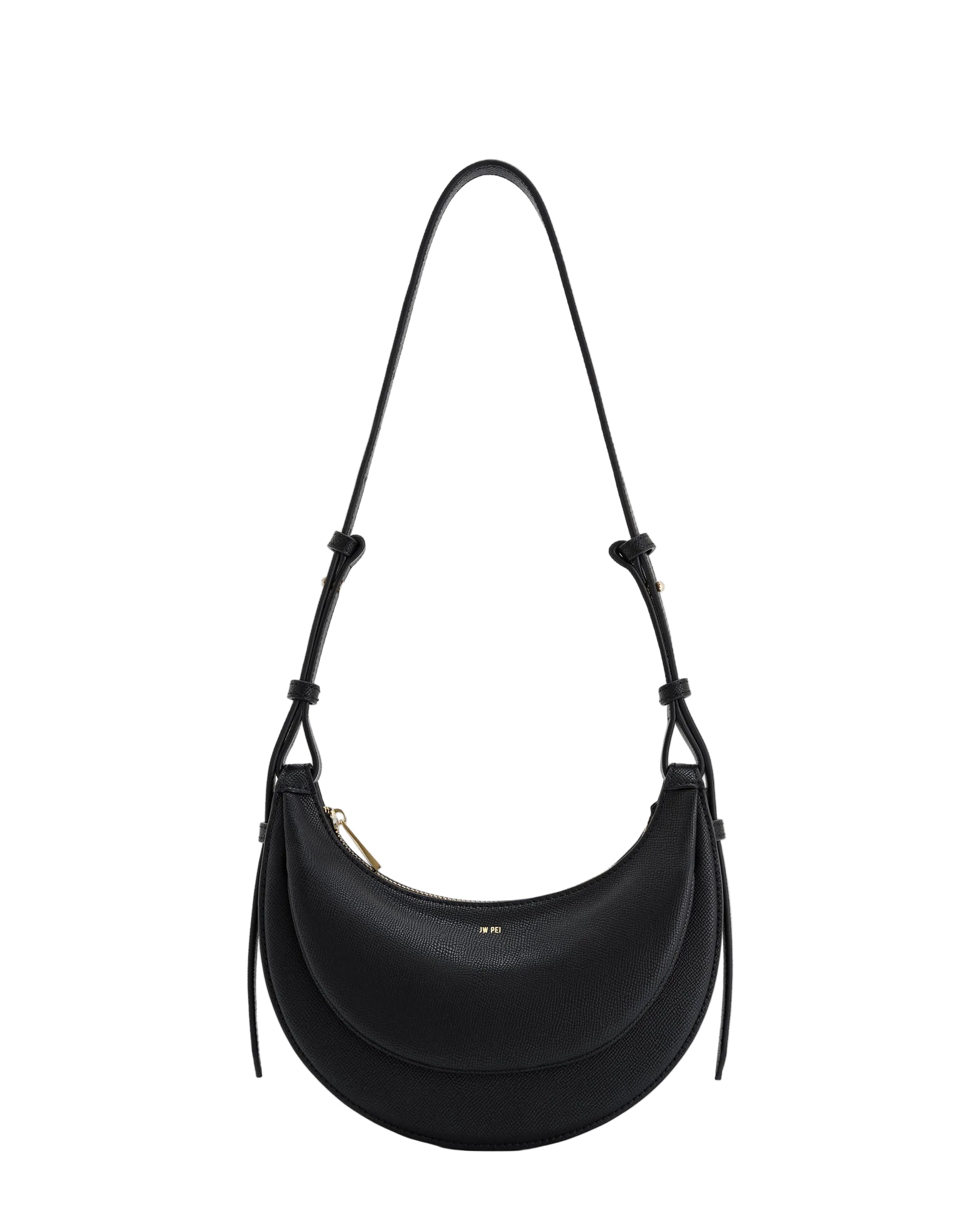 Black grained leather crescent-shaped crossbody bag with a gold-toned top zipper and adjustable strap.