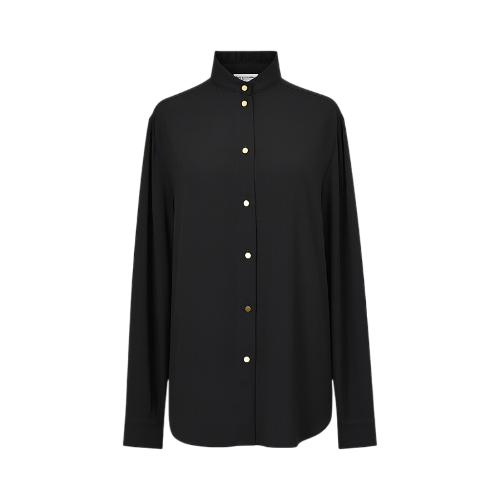 Black long-sleeved blouse with a band collar, full front placket, and gold-toned buttons