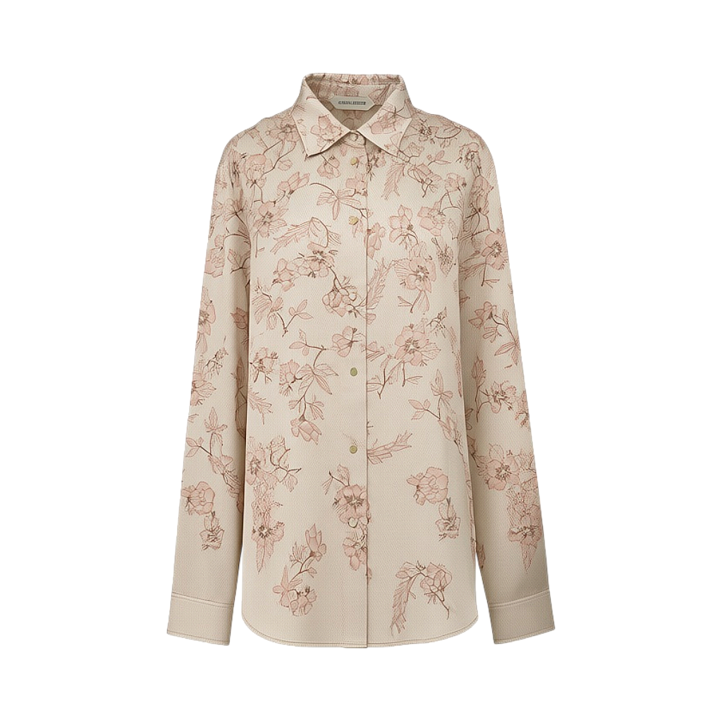Beige long-sleeved blouse with pink floral print, pointed collar, and button-front closure.
