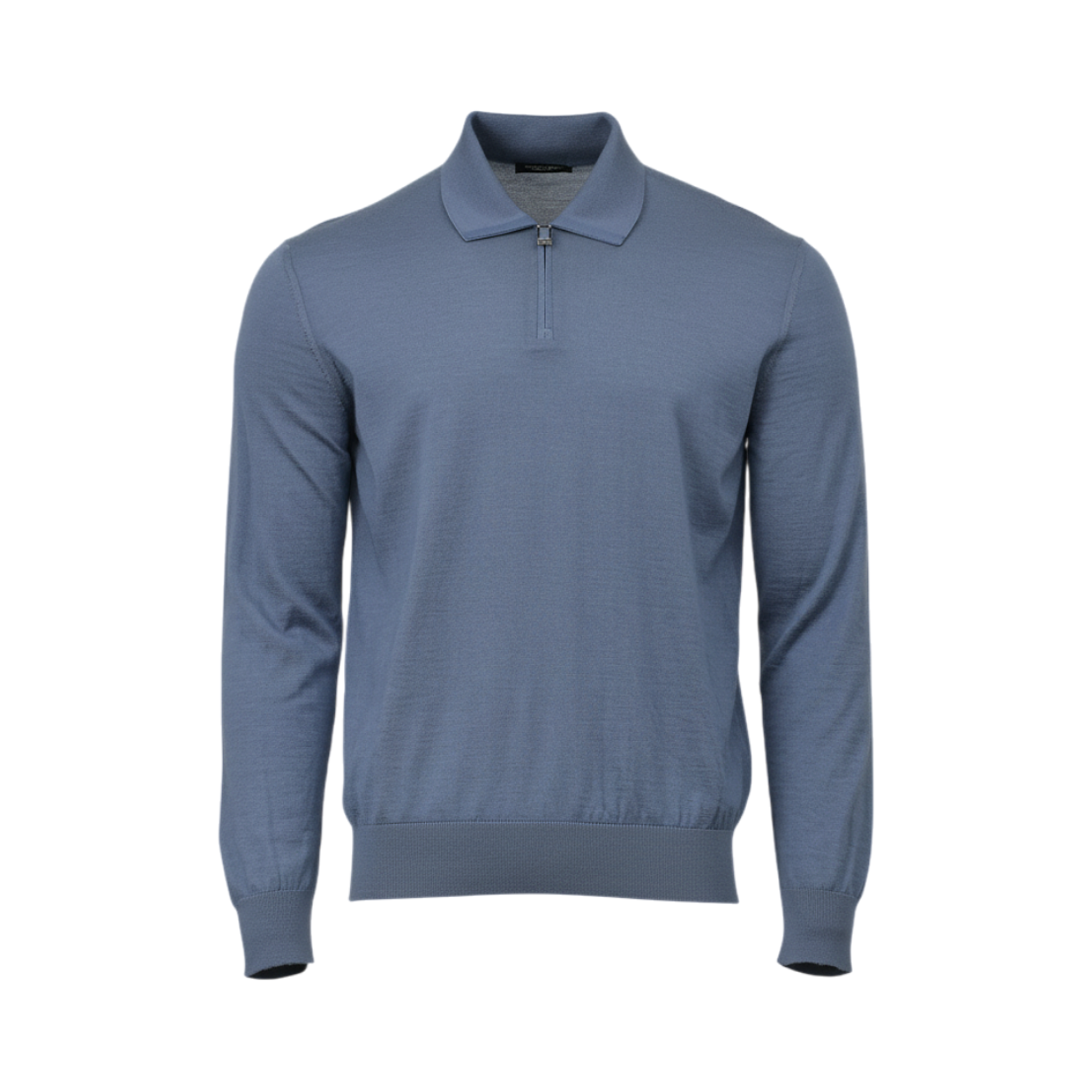 Light blue long-sleeve knit polo sweater with a collared neckline and quarter-zip placket, ribbed cuffs and hem.