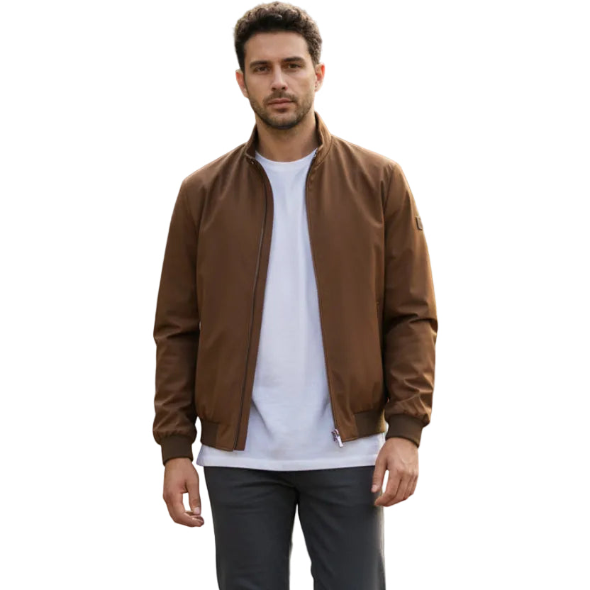 Dark brown sport jacket with a stand-up collar, full silver-toned zip closure, ribbed cuffs and hem, and a small logo on the