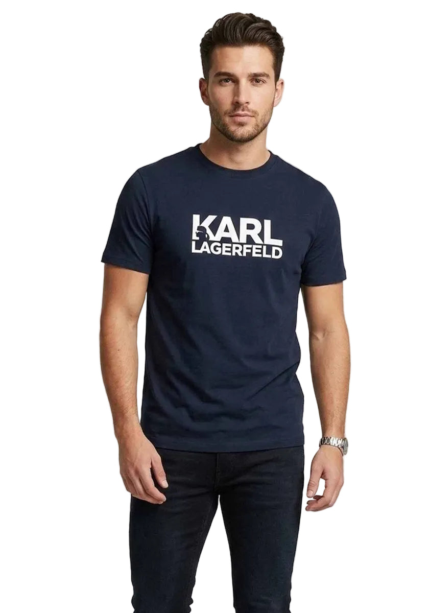 Midnight blue crewneck T-shirt with short sleeves and a white 'KARL LAGERFELD' logo print on the chest.