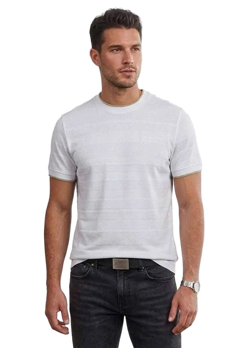 White Karl Lagerfeld crewneck T-shirt with subtle horizontal texture and gold-toned trim on collar and sleeves.