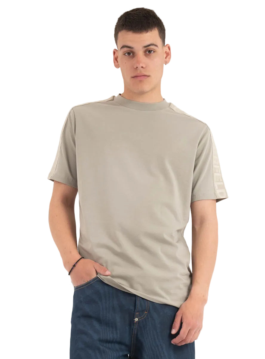 Khaki crewneck T-shirt with short sleeves and tonal "LAGERFELD" branding on the shoulders and upper sleeves.