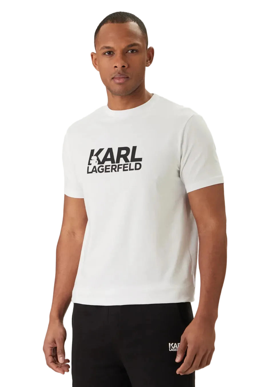 White Karl Lagerfeld men's crewneck T-shirt with black brand logo on the chest.