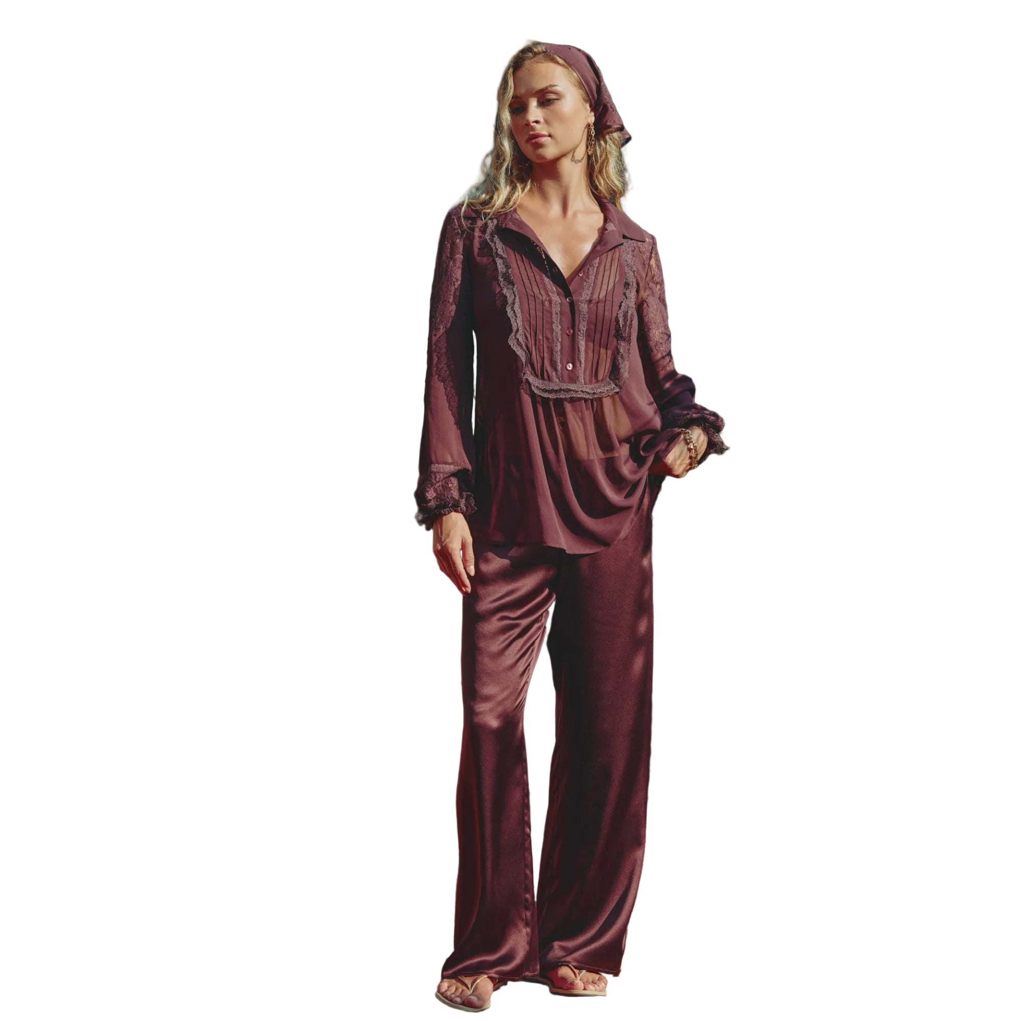 Brown long-sleeved pyjama shirt with lace and pintuck details, paired with matching wide-leg trousers.