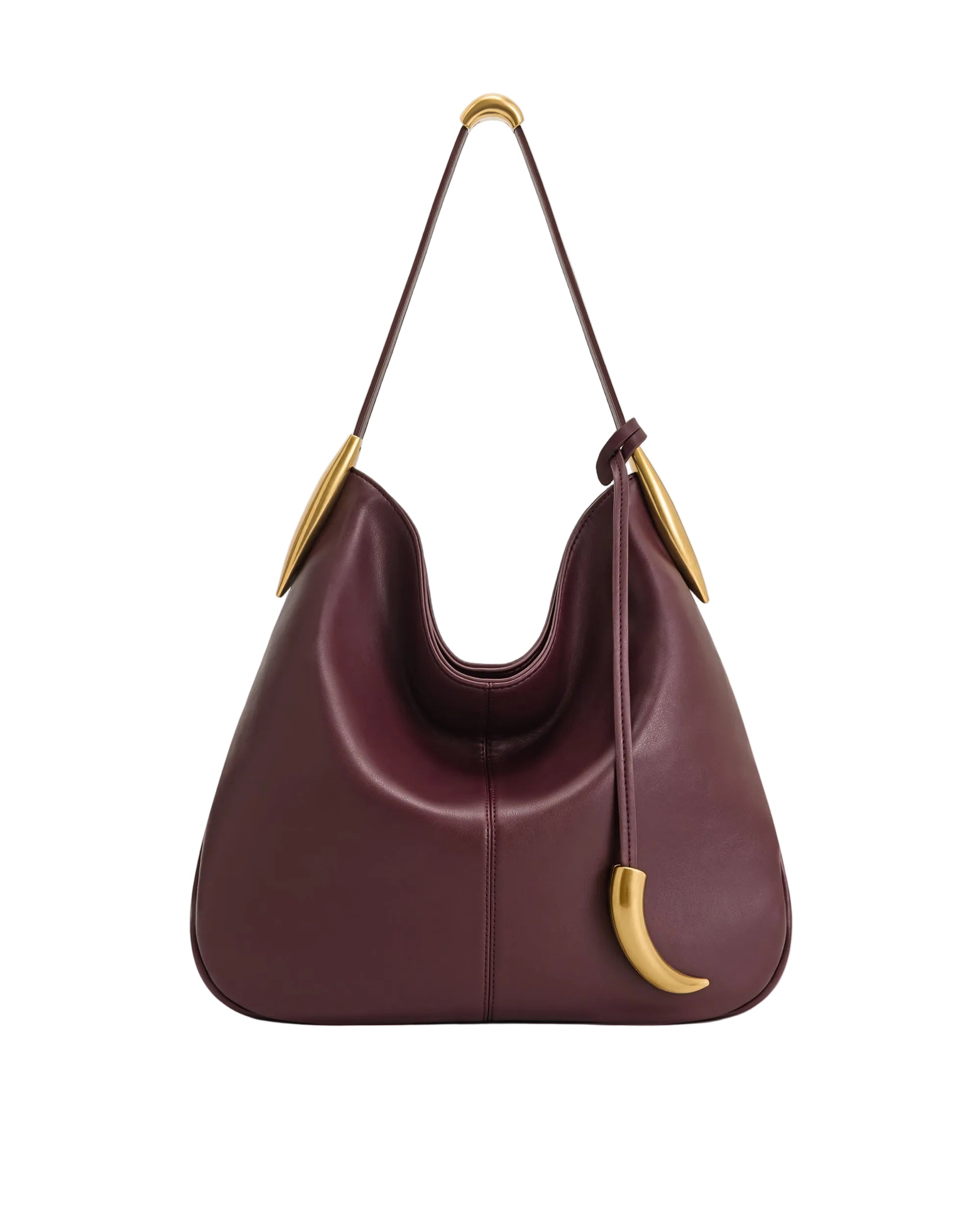 Burgundy hobo bag with a single shoulder strap and gold-toned metal hardware accents, including a decorative charm.