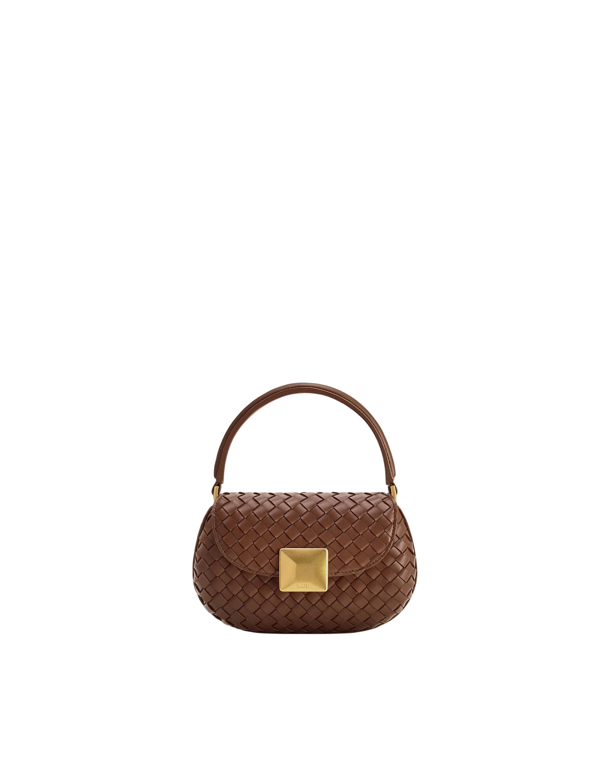 Brown hand-woven round top handle bag with a rounded silhouette, flap closure, and square gold-toned clasp.