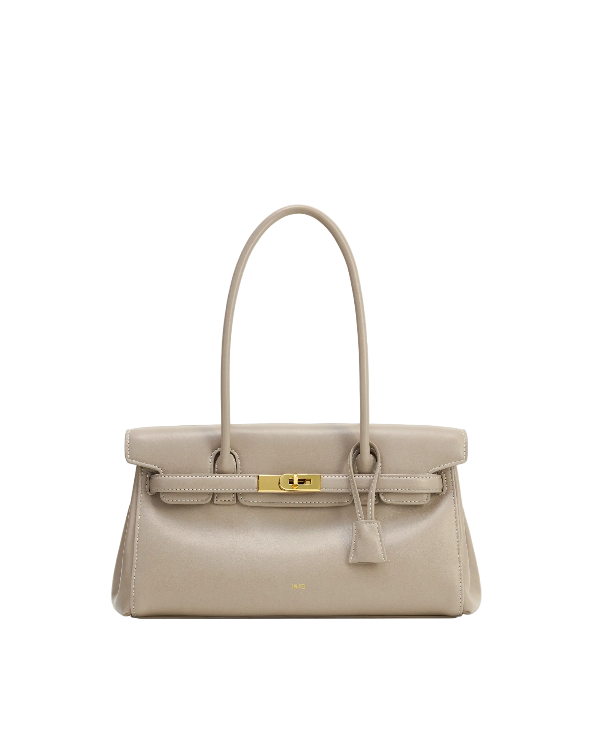 Light beige structured shoulder bag with a single top handle, flap closure, gold-toned turn-lock clasp, and a small hanging t