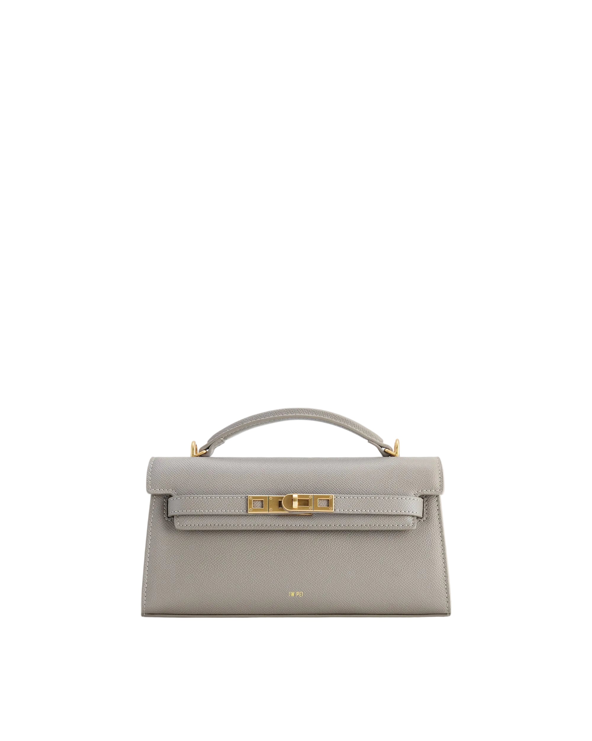 Light grey textured top handle bag with a front flap, gold-toned turn-lock clasp, single top handle, and 'JW PEI' logo.