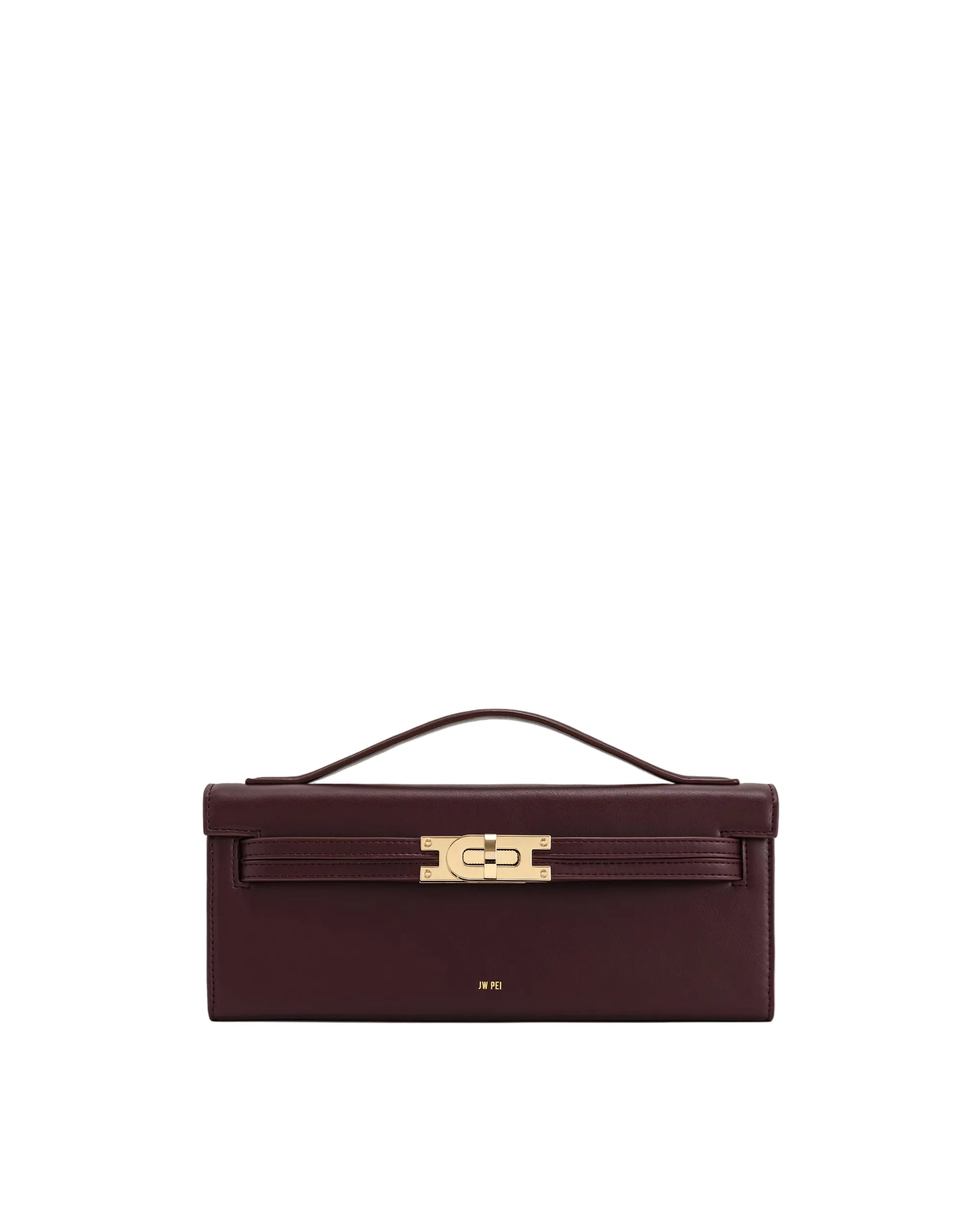 JW PEI Bria structured top handle handbag in deep claret with gold-toned buckle closure and embossed logo.