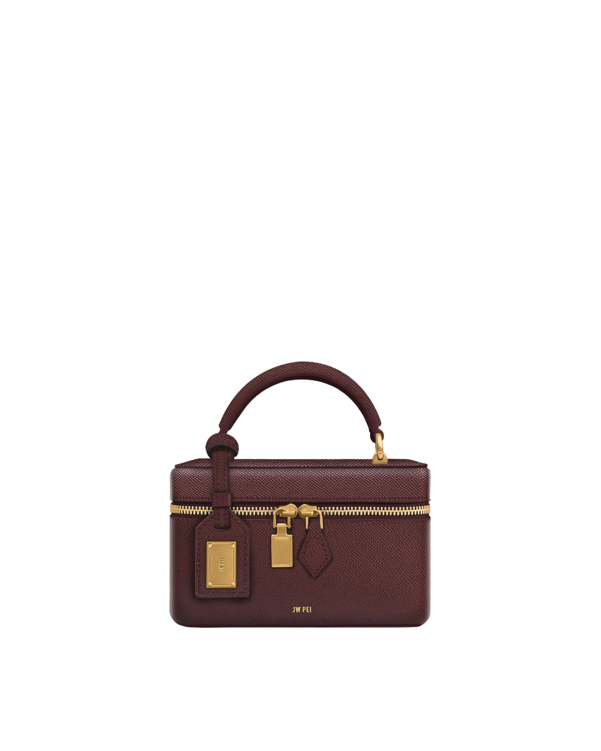 Dark brown pebbled box-shaped top handle bag with a gold-toned zipper, padlock charm, and a luggage tag.