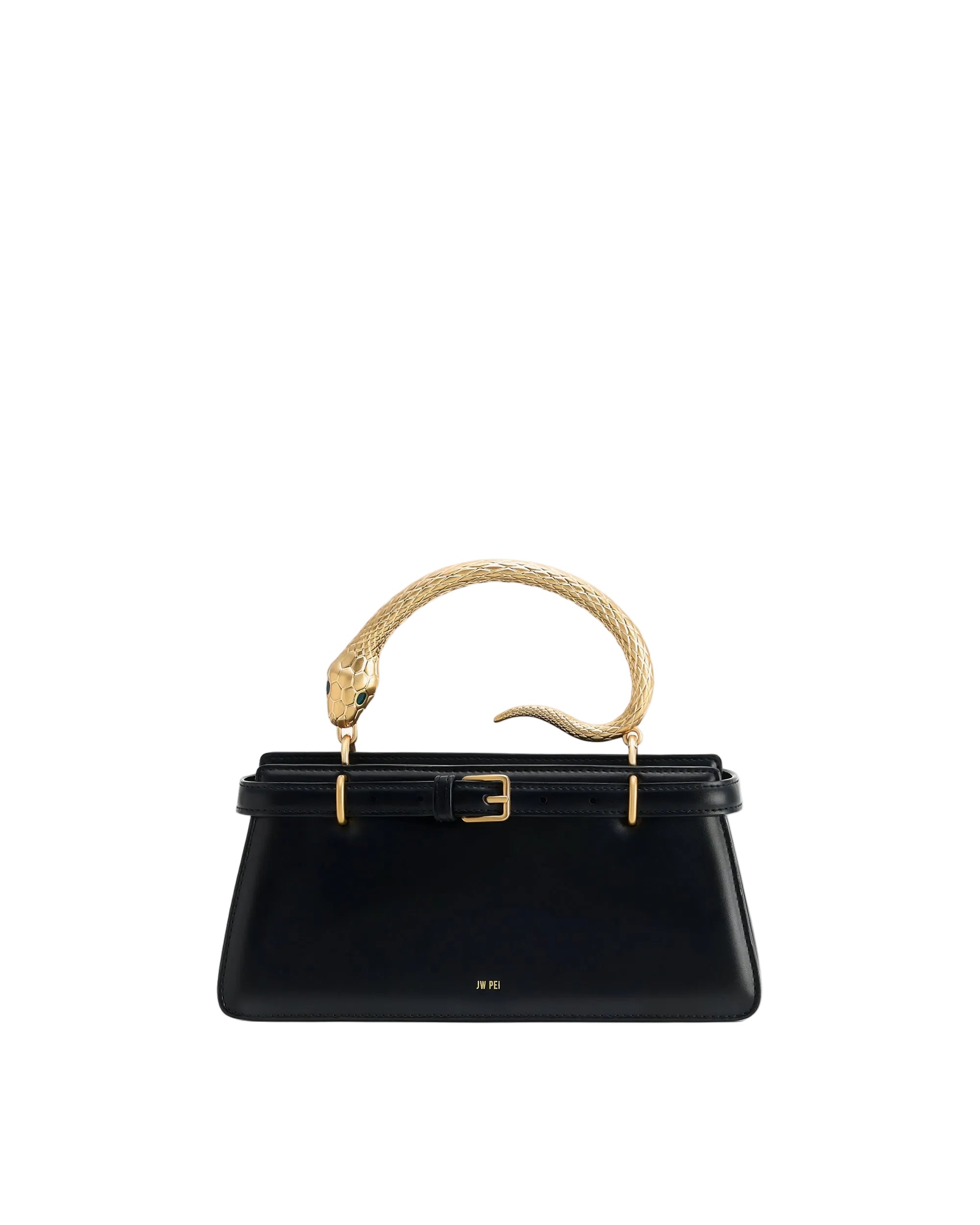 Black structured top handle bag with a gold-toned snake handle featuring green eyes and a front buckle detail
