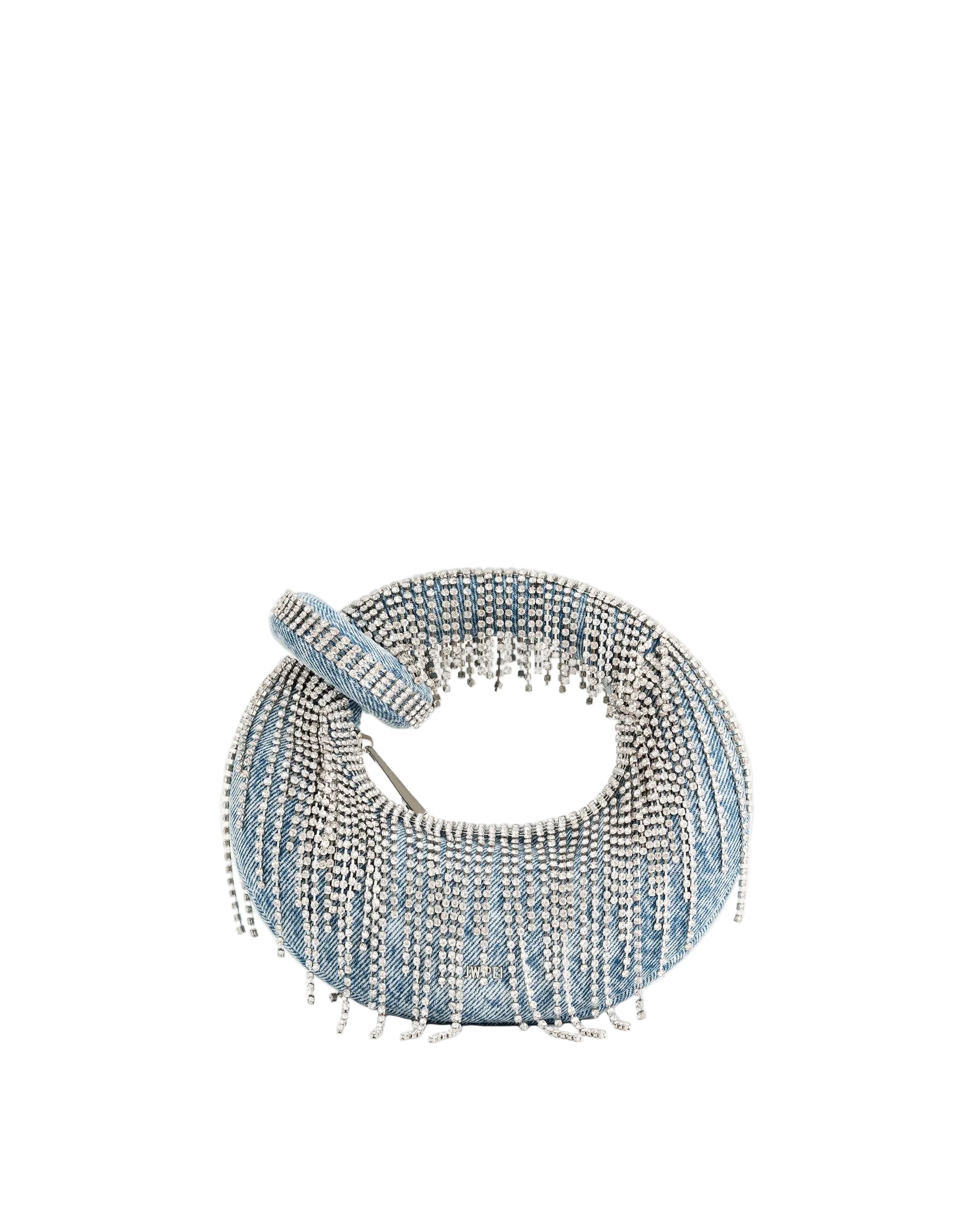 Light blue denim mini top handle bag with a circular shape, covered in silver-toned artificial crystal fringe.