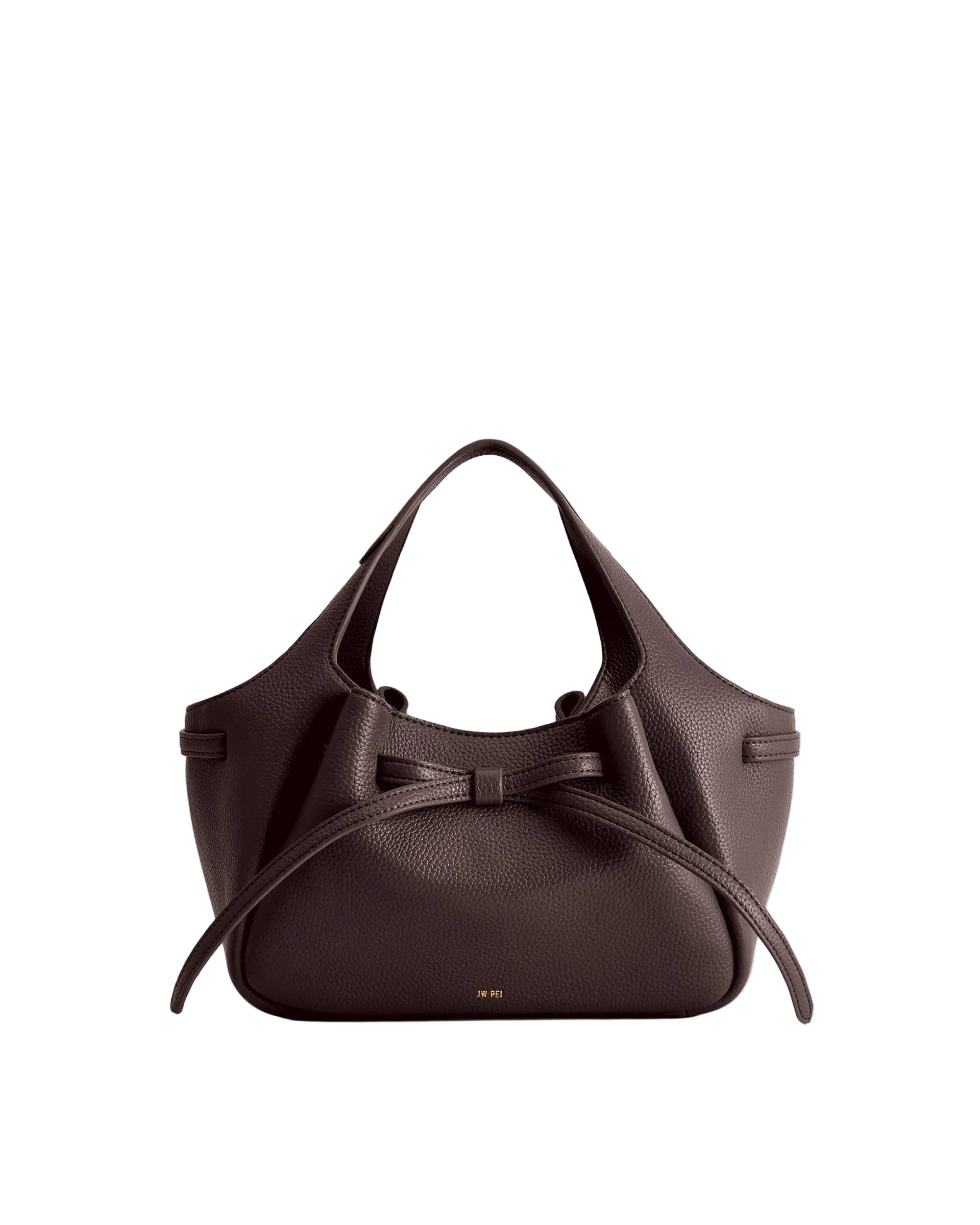 Soft dark brown pebbled faux leather tote bag with a single top handle, a front bow detail, and gold-toned JW PEI logo.