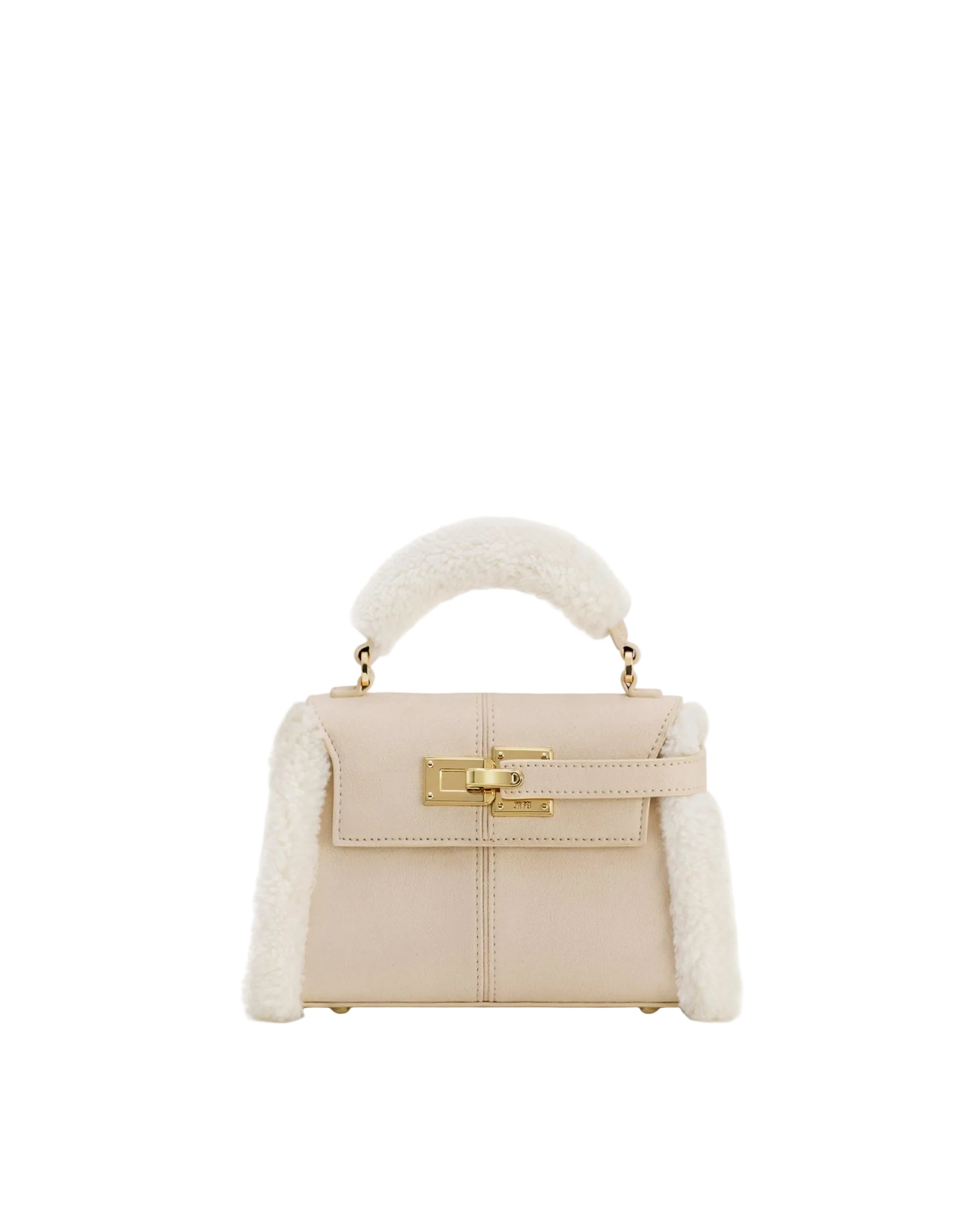 Taupe faux suede top handle bag with cream shearling trim on sides and handle, featuring a gold-toned turn-lock closure.