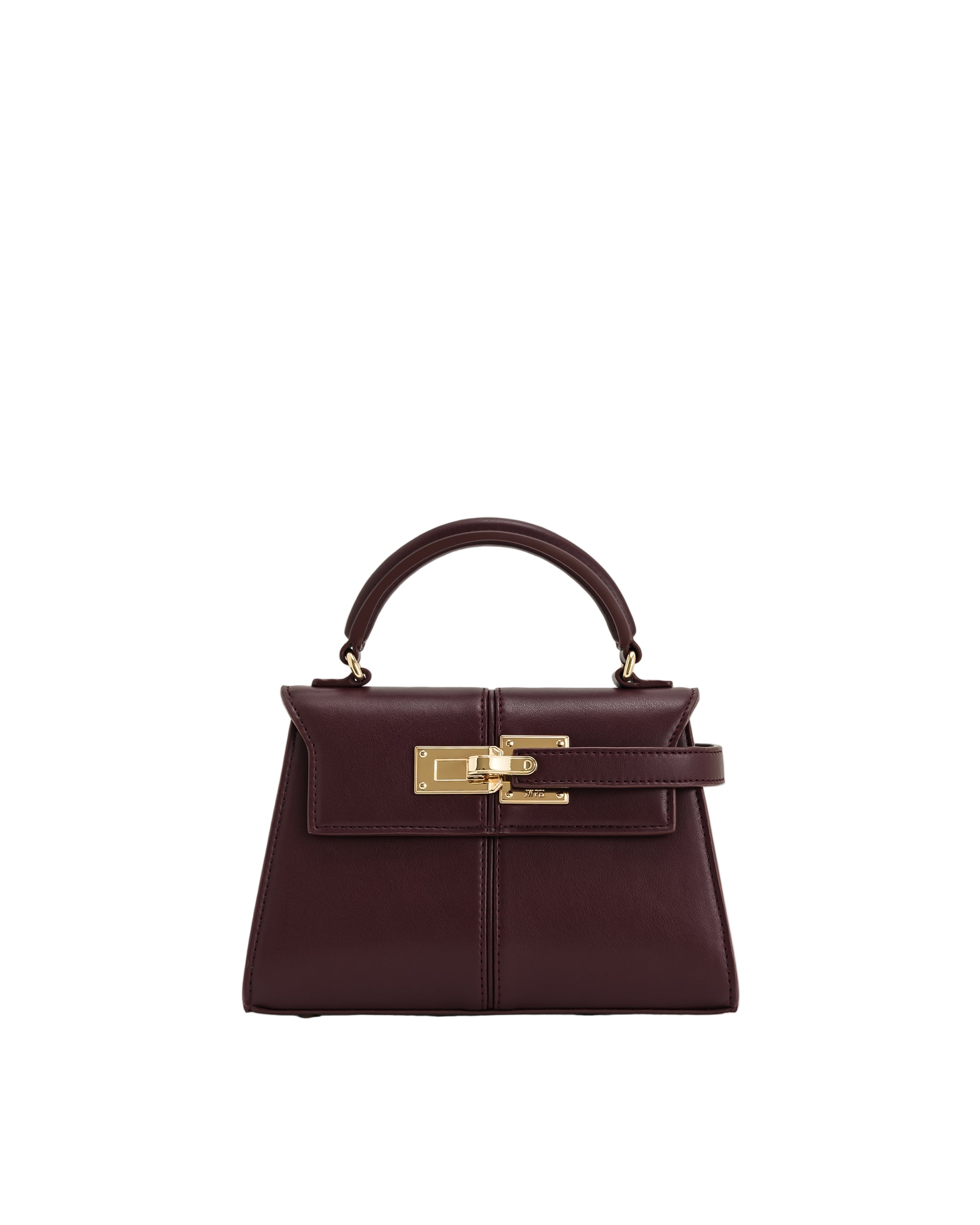 Deep burgundy structured top handle bag with a trapezoid silhouette, curved handle, and gold-toned hardware.