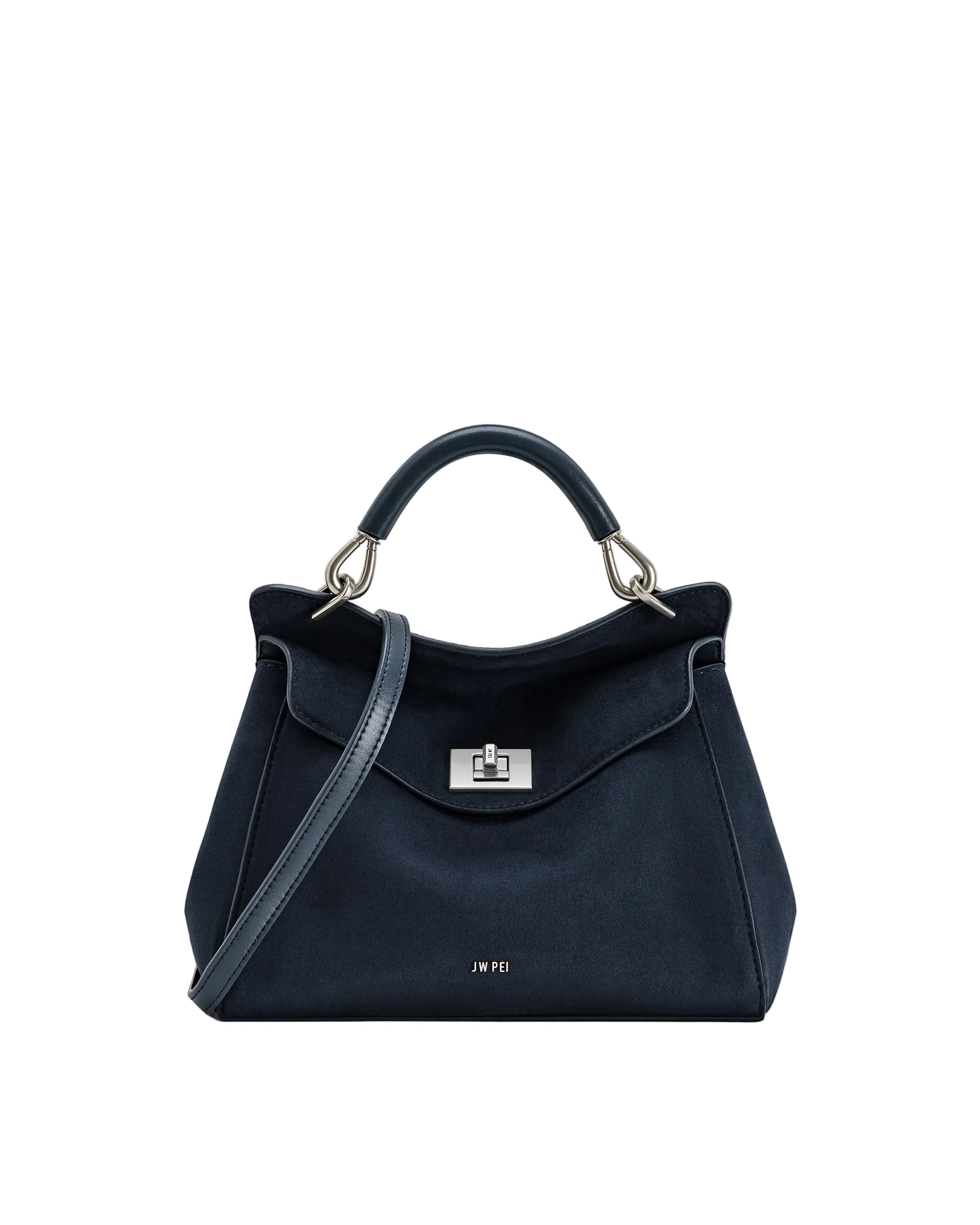 Navy blue faux suede top handle bag with a curved flap, silver-toned turn-lock clasp, single top handle, and shoulder strap.