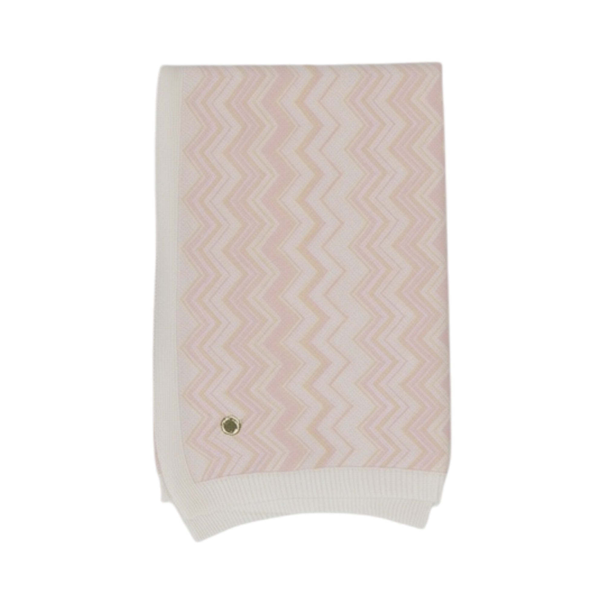 Pink and off-white knit blanket with a zigzag pattern and ribbed edges. Features a small olive green emblem with a gold-toned