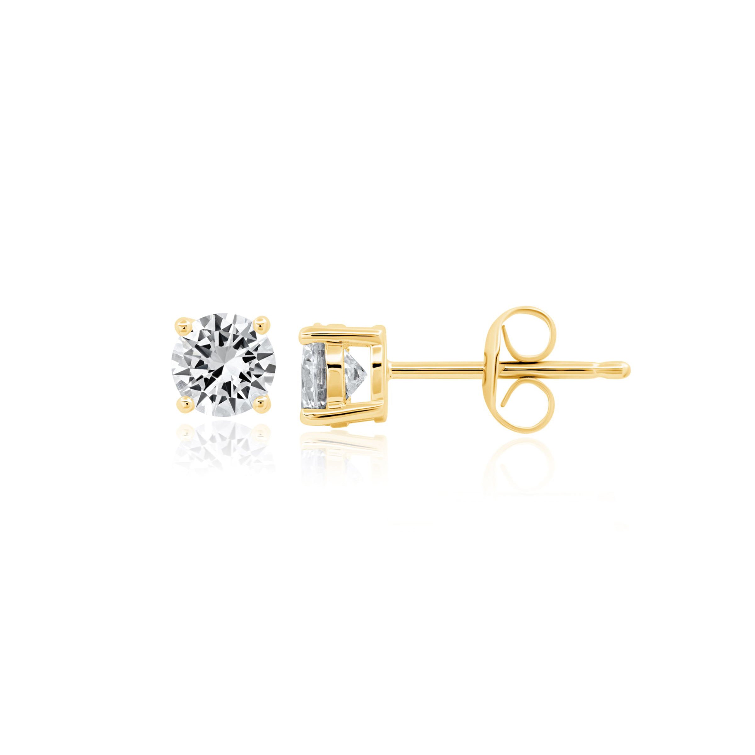 Pair of gold-toned stud earrings, each with a clear, round brilliant-cut stone in a four-prong setting and a butterfly back.