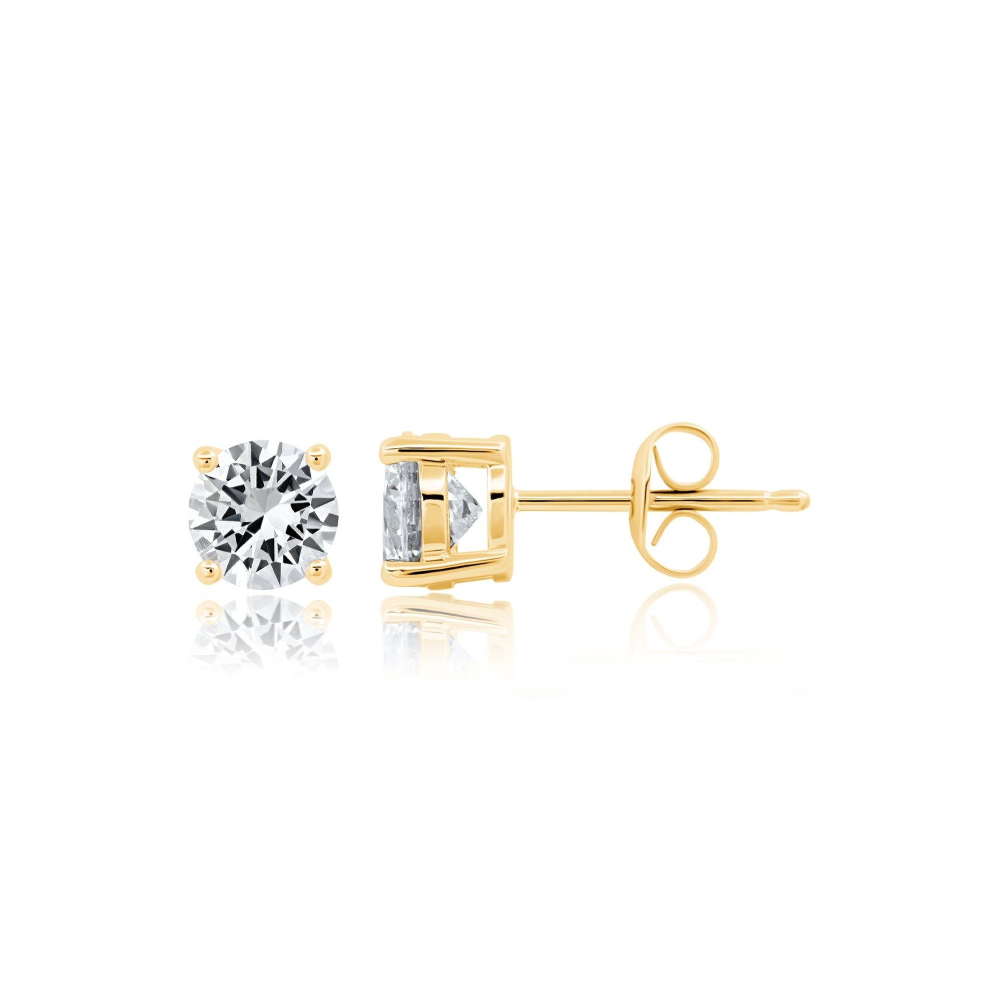 Pair of gold-toned stud earrings, each with a clear, round brilliant-cut stone in a four-prong setting.