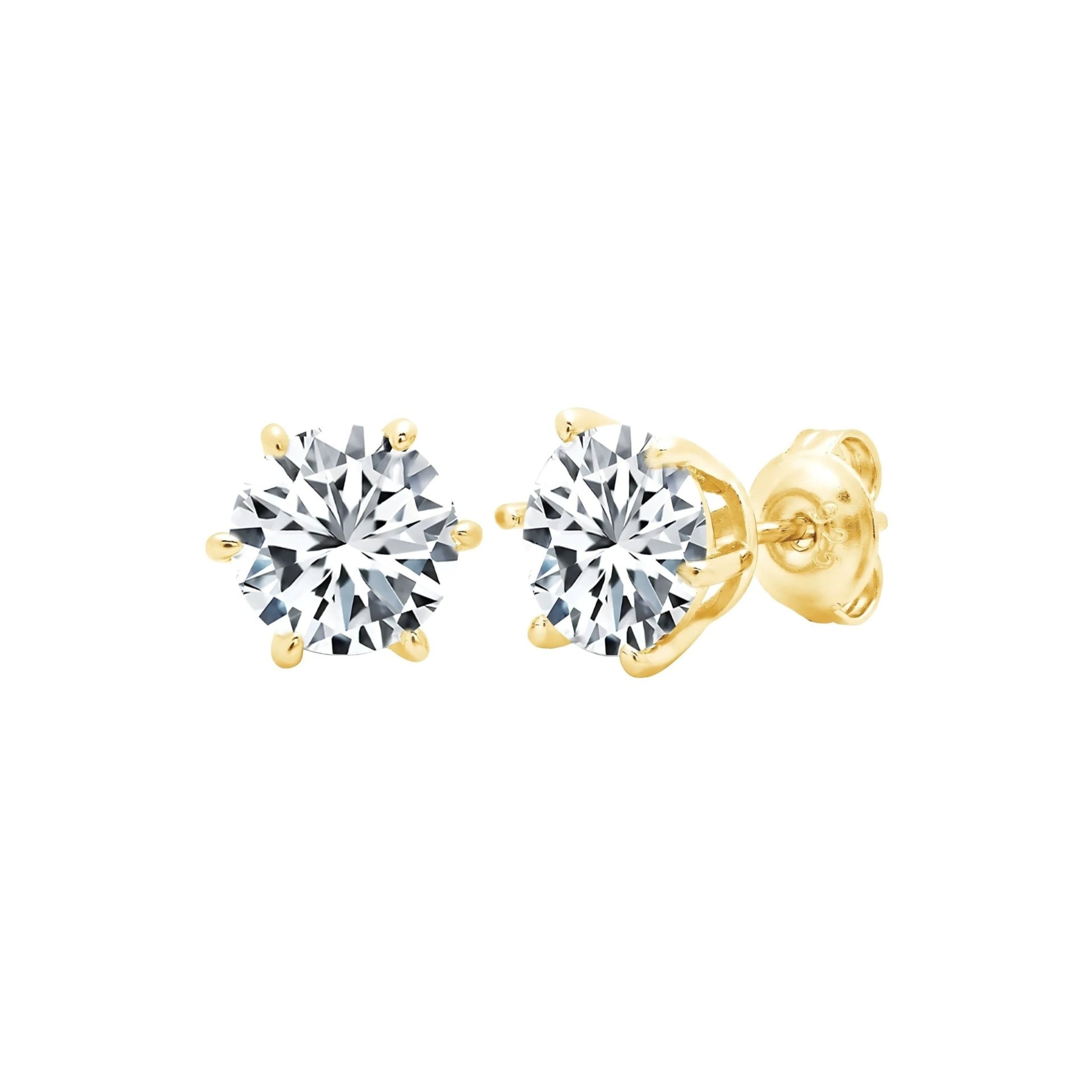 Pair of gold-toned round stud earrings, each featuring a brilliant-cut clear stone held by a six-prong setting.
