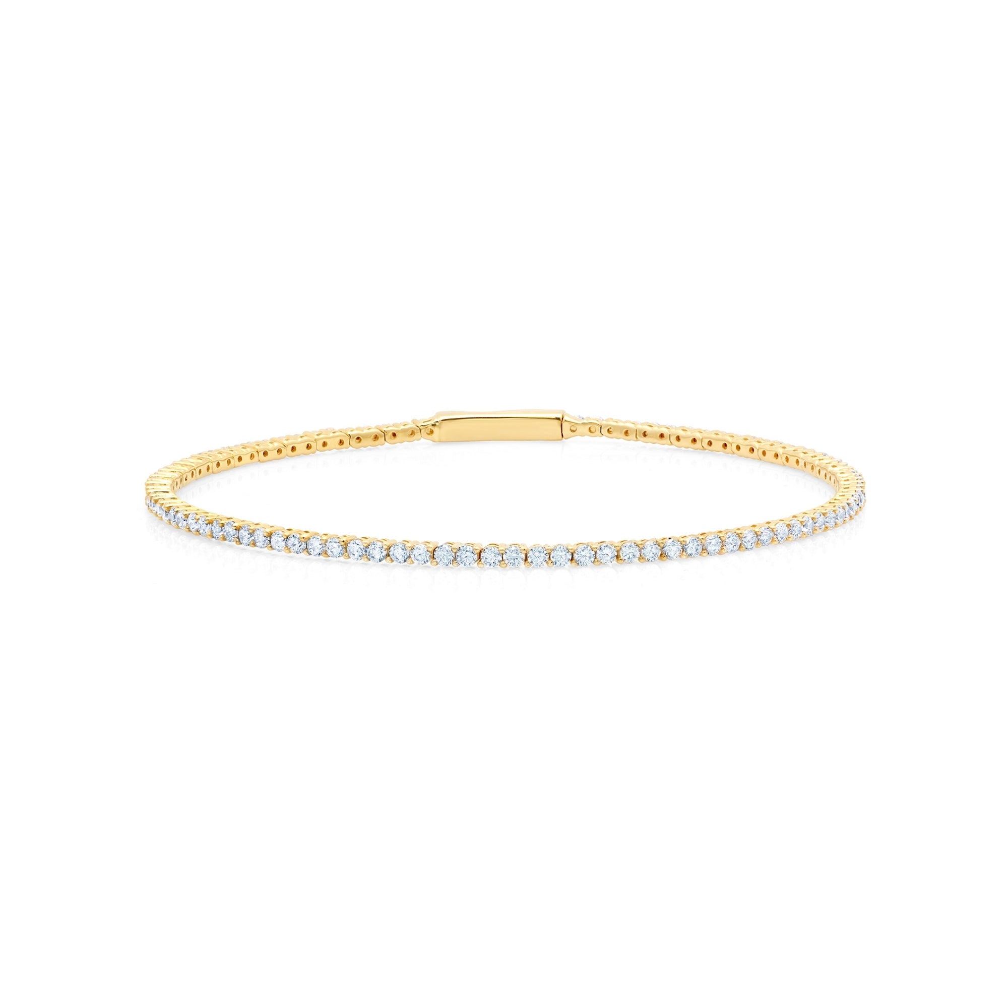 Gold-toned flexible tennis bracelet featuring a continuous line of small, round, clear stones and an integrated clasp.