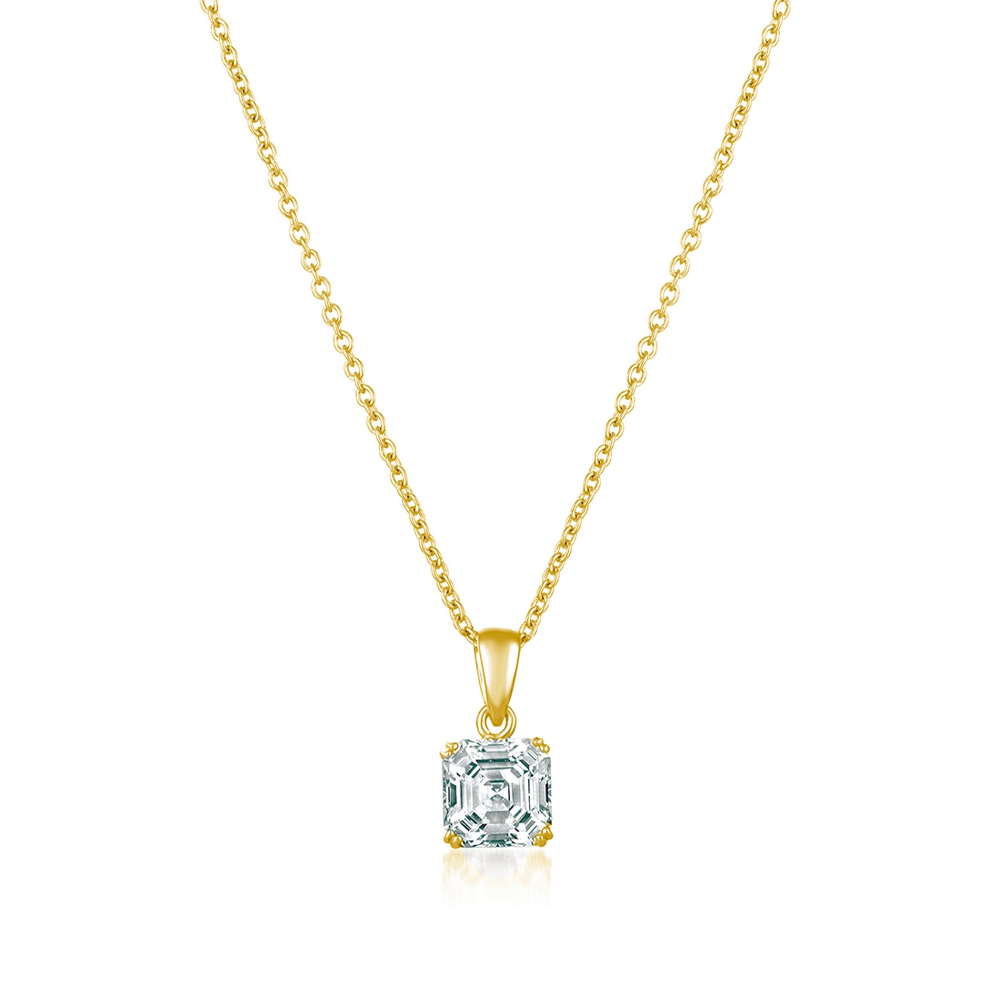 Gold-toned delicate chain necklace with a square, clear Asscher-cut stone pendant held by four prongs.