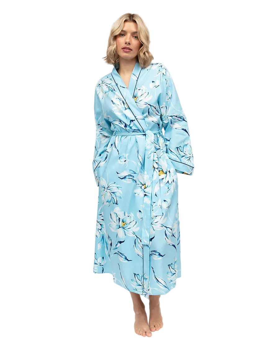 Light blue woven dressing gown with white and blue floral pattern, notched lapel, self-tie belt, and black piping.