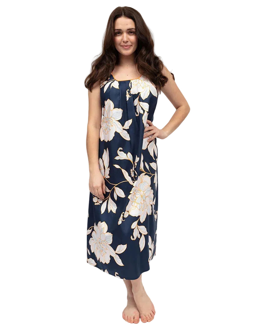 Navy long sleeveless nightdress with an auburn and white floral print and a square neckline