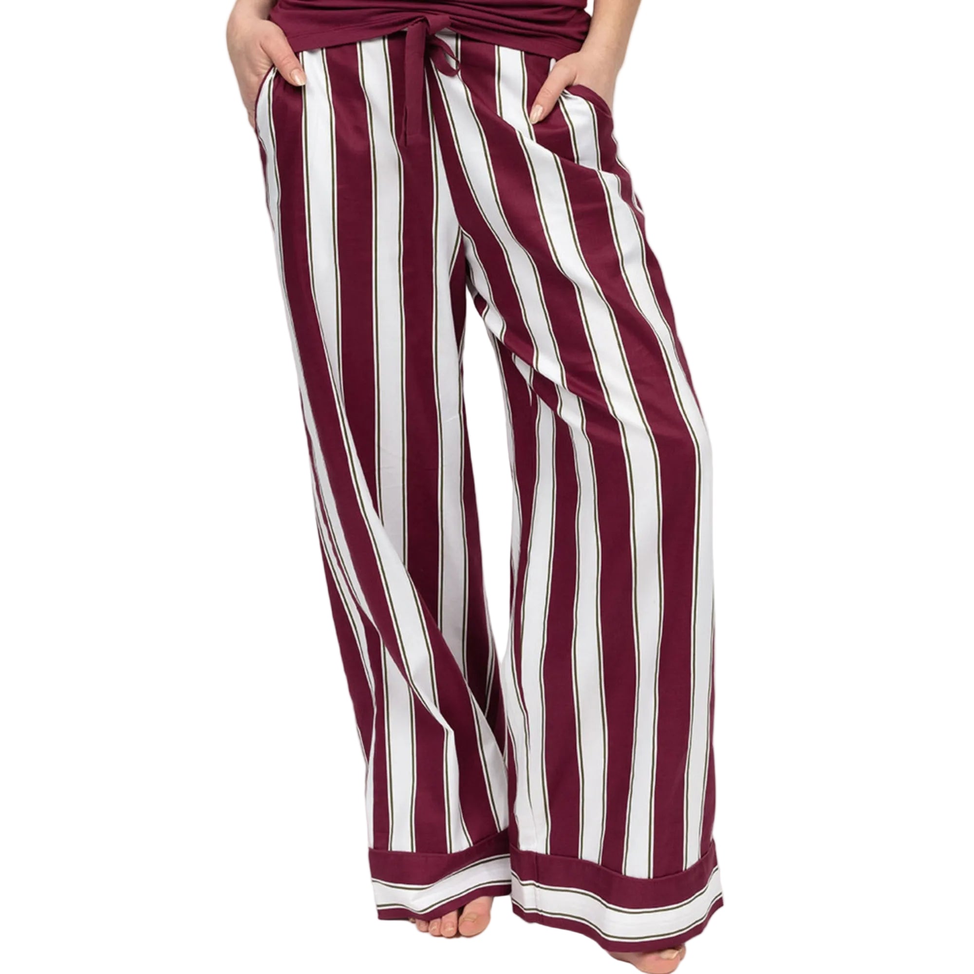 Ox blood and white striped wide leg pyjama bottoms with a drawstring waist and side pockets.