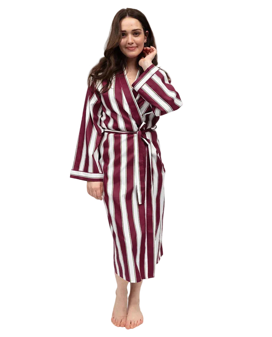 Ox blood and white striped long dressing gown with a wrap front, self-tie belt, and wide cuffs.