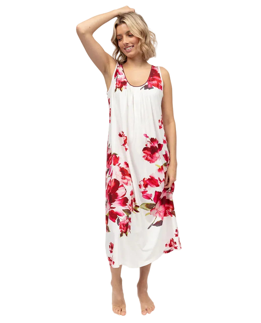 White sleeveless midi nightdress with a red and pink floral print and a scoop neckline.