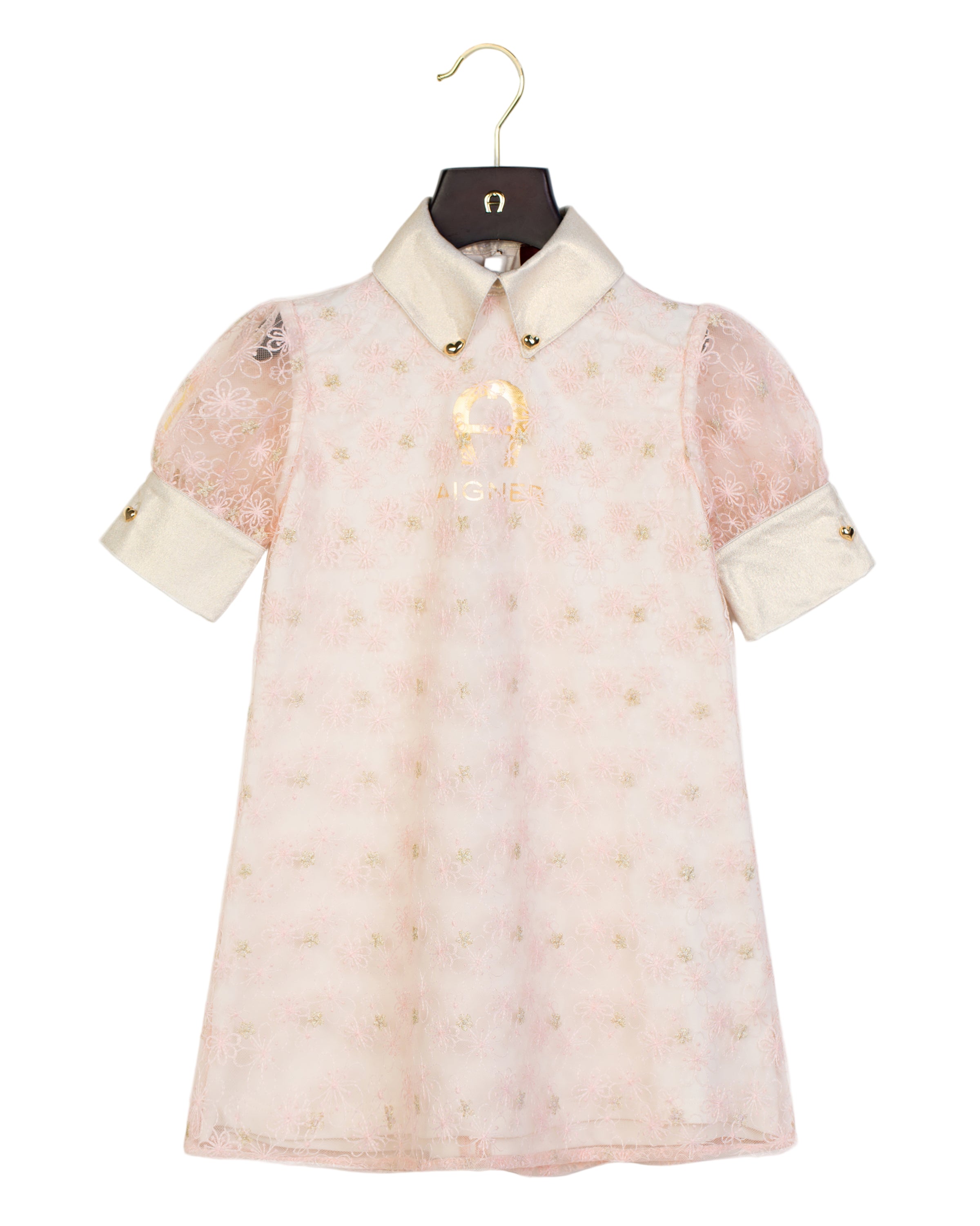 Aigner Kids Girl's Pink Floral Lace Dress with Gold Collar