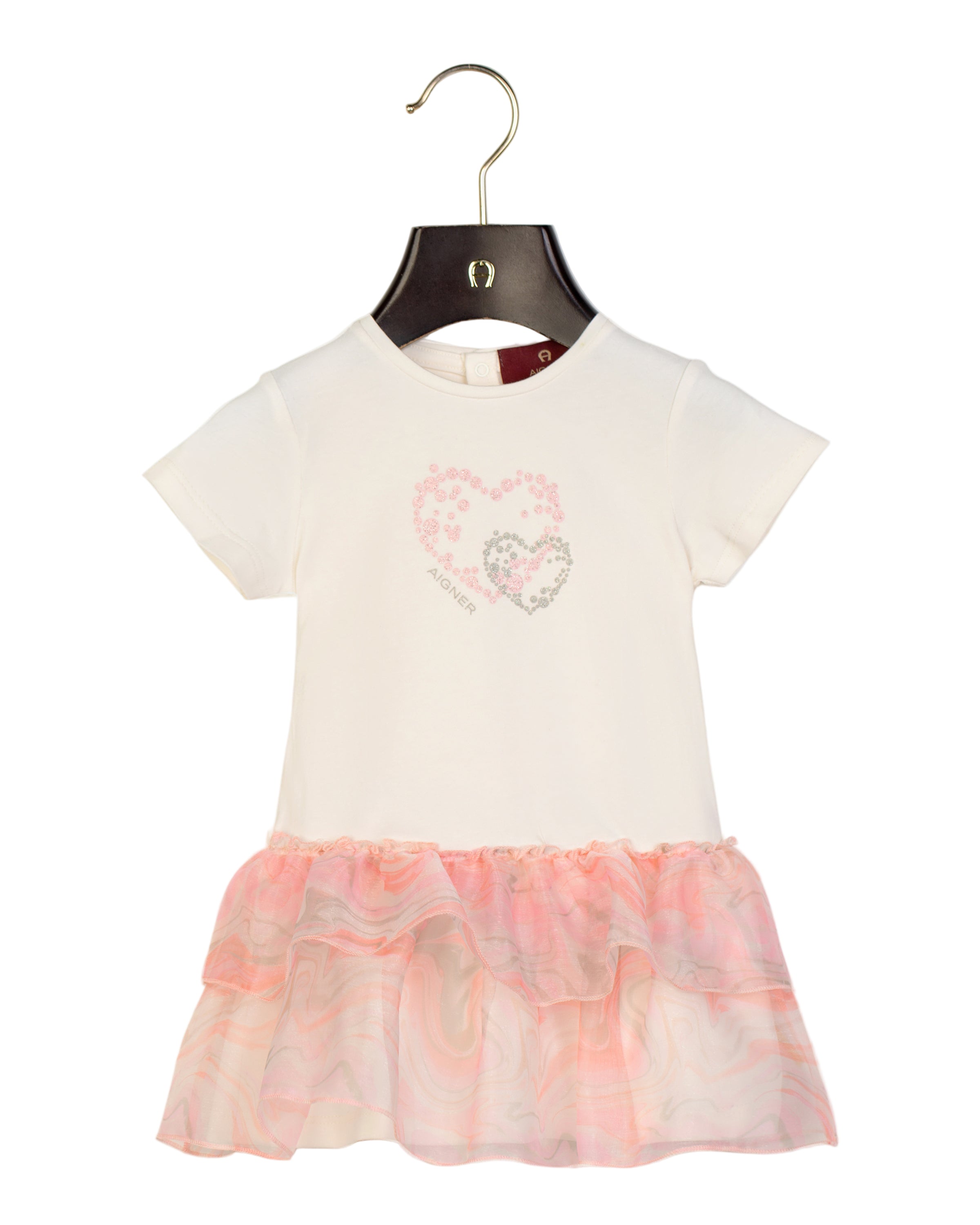 Aigner Kids Baby Girl's White Dress with Heart Motif and Marble Ruffle Skirt