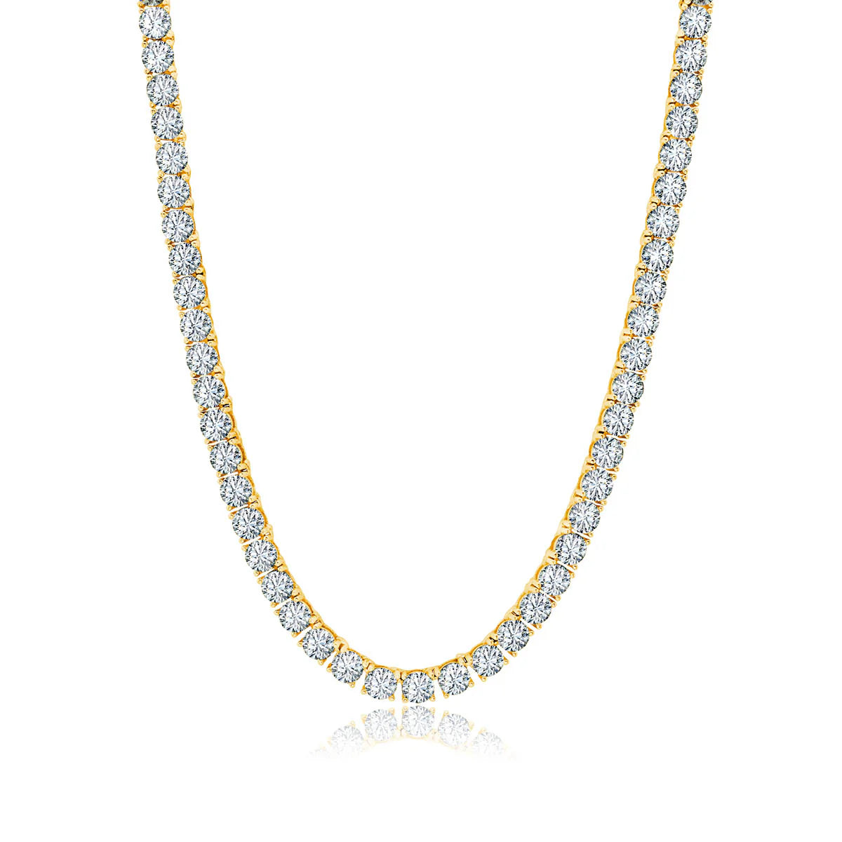 Gold-toned necklace with a continuous line of round, clear, faceted 3mm cubic zirconia stones, shown against a white backgrou