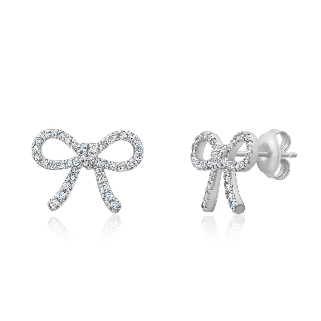 Pair of silver-toned bow stud earrings, each pavé-set with numerous clear cubic zirconia stones, with post-back closures.