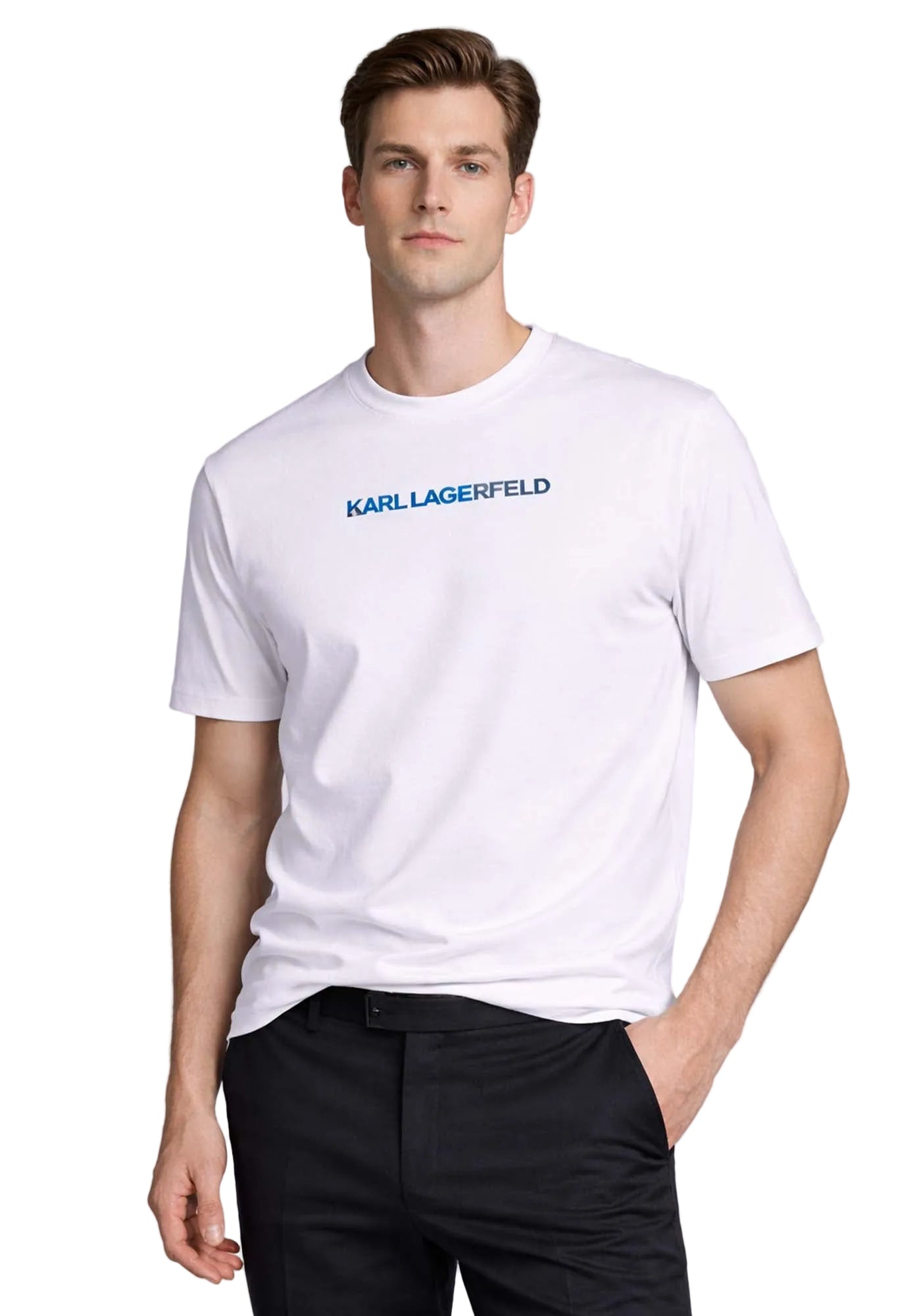 White Karl Lagerfeld men's crewneck T-shirt with a blue 'KARL LAGERFELD' logo on the chest.