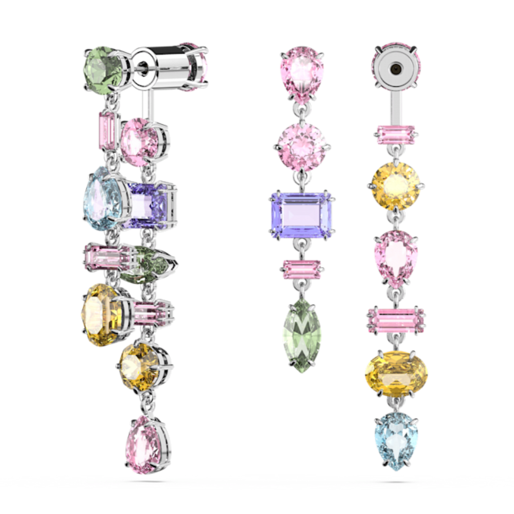 Swarovski Gema Drop Earrings Asymmetrical design, Mixed cuts, Long, Multicolored, Rhodium plated