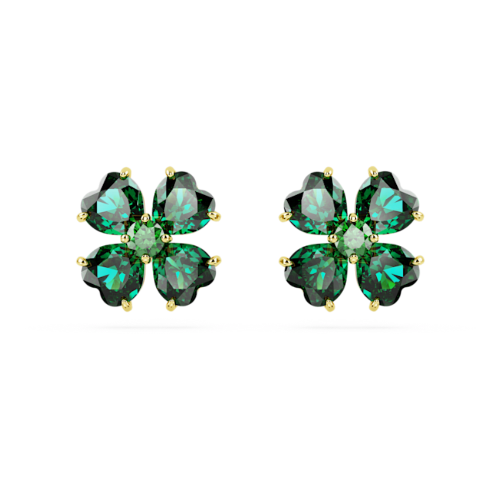 Swarovski Idyllia Stud Earrings Clover, Green, Gold-tone plated