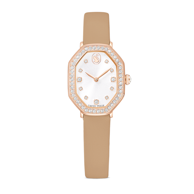 Swarovski Dextera Octagon Watch Swiss Made Leather Strap Brown Rose Gold-Tone Finish