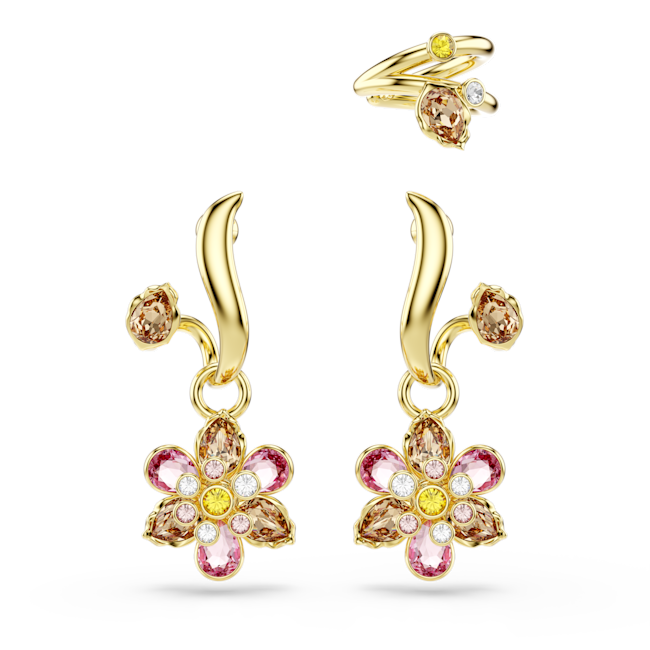 Swarovski Idyllia earrings, Set (3), Mixed cuts, Flower, Multicolored, Gold-tone plated