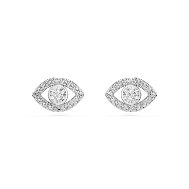 Swarovski Luckily stud earrings, Round cut, Pavé, Eye, White, Rhodium plated