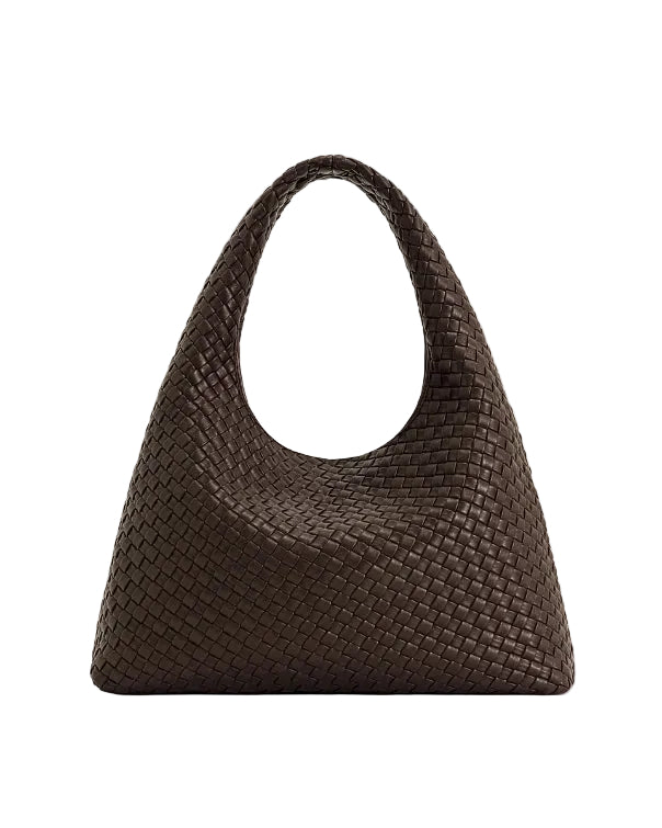 JW PEI Iaura woven shoulder bag in mocha brown with an integrated strap and soft, crescent shape.